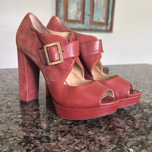 Michael Kors Red Platform chunky Suede Heels EUC 9 - Picture 1 of 15